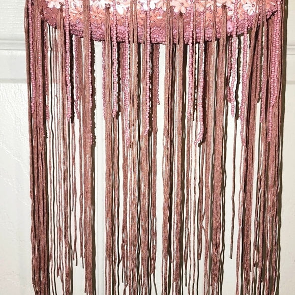 Handcrafted In India Pink Beaded Purse With Fringe And Flower Shapes Sequence - Picture 3 of 8